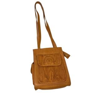 Vintage Hand-Tooled Leather Shoulder Messenger Bag | Butterscotch Brown 1970s